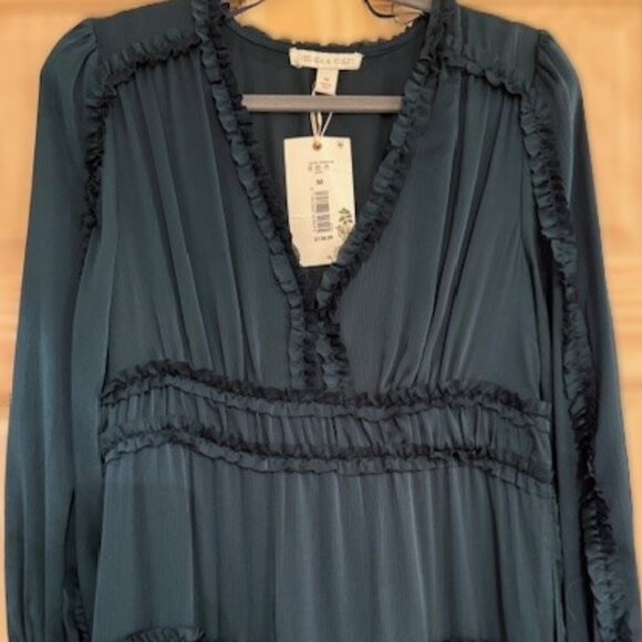 *NWT* Green Satin Ruffle Deep V-Neck Long Smocked Cuff Sleeve Tiered Maxi Dress - Picture 1 of 5